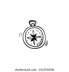 Compass in doodle style isolated on white background. Hand drawn vector outline sketch. Illustration of touristic navigator. Design for print, web, mobile, flyer, coloring book, tattoo