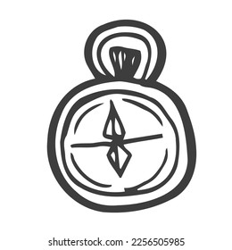 La brújula es de estilo doodle, aislada en un fondo blanco. Esbozo de contorno de vector dibujado a mano. Ilustración del navegador turístico. Diseño para impresión, web, móvil, volante, libro de colorear, tatuaje