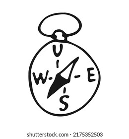 Compass in doodle style. Tourist navigator for terrain orientation. Black and white outline vector illustration.