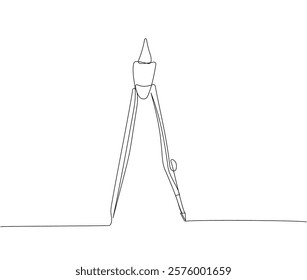 compass for drawing a circle, geometry, Technical drawing one line art. Continuous line drawing of online learning, school supplies, stationery storage, exam, office supplies, education.