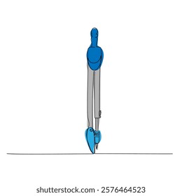 compass for drawing a circle, geometry, Technical drawing one line color art. Continuous line drawing of online learning, school supplies, stationery storage, exam, office supplies, education.