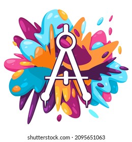 compass drawing tool icon in colorful splat paint liquid splashing ink splash vector design creative illustration