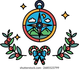 A compass is drawn in black and white with a mountain in the background. The compass is surrounded by a wreath of leaves and a bow