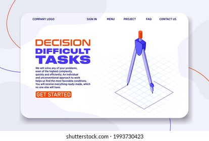 The compass draws a square in isometric projection on a sheet of paper. Support website landing page. The concept of solving problems of any complexity or contradiction. We do the impossible. Vector