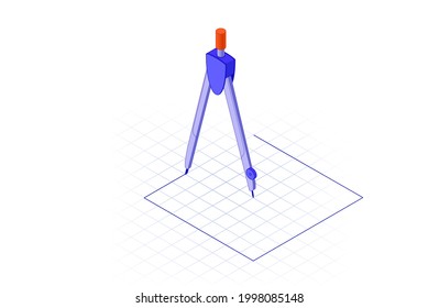The compass draws a square in isometric projection on a sheet of paper in a cage. The concept of solving unusual problems of any complexity or contradiction. Do the impossible. Paradox poster. Vector