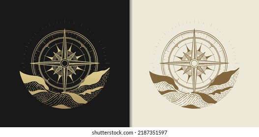 Compass during a big wave storm. Vector illustration in engraving, hand drawn, luxury, esoteric, fit for spiritualist, religious, paranormal, tarot reader, astrologer or tattoo