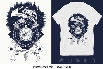 Compass and eagle tattoo and t-shirt design. Ethnic hawk tribal style. Vector graphics template. Hand drawn illustration 