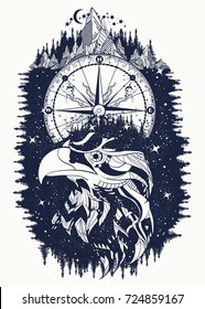 Compass And Eagle Tattoo And T-shirt Design. Ethnic Hawk Tribal Style 