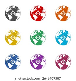Compass and earth globe icon isolated on white background. Set icons colorful