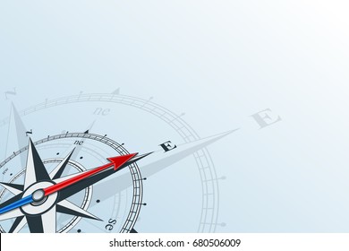 Compass east. Compass with wind rose, the arrow points to the east. Compass on a blue background. Compass illustrations can be used as background. East direction. Flat background with copy space place