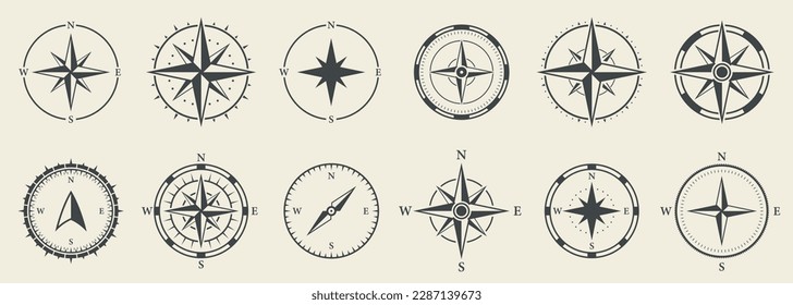 Compass Equipment Navigation Silhouette Icon Set. Retro Rose Wind Glyph Pictogram. Adventure Direction to North South West East Icon. Cartography Navigator Pointer Sign. Isolated Vector Illustration.