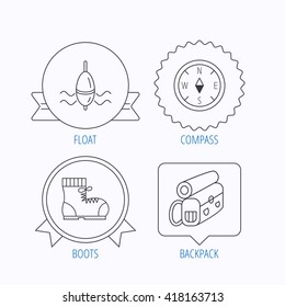 Compass, fishing float and hiking boots icons. Backpack linear sign. Award medal, star label and speech bubble designs. Vector