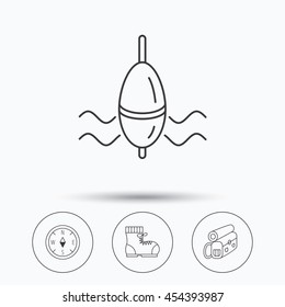 Compass, fishing float and hiking boots icons. Backpack linear sign. Linear icons in circle buttons. Flat web symbols. Vector