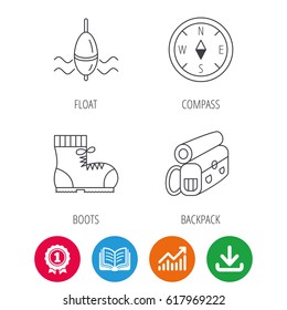 Compass, fishing float and hiking boots icons. Backpack linear sign. Award medal, growth chart and opened book web icons. Download arrow. Vector