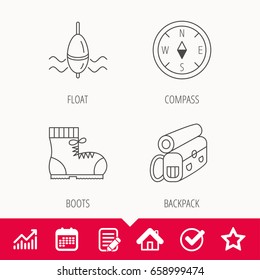 Compass, fishing float and hiking boots icons. Backpack linear sign. Edit document, Calendar and Graph chart signs. Star, Check and House web icons. Vector