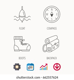 Compass, fishing float and hiking boots icons. Backpack linear sign. Calendar, Graph chart and Cogwheel signs. Download colored web icon. Vector
