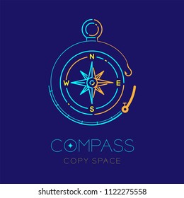 Compass and Fishing rod circle frame shape logo icon outline stroke set dash line design illustration isolated on dark blue background with compass text and copy space