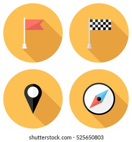 Compass and flag icons . Flat design style modern vector illustration. Isolated on stylish color background. Flat long shadow icon. Elements in flat design.
