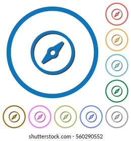 Compass flat color vector icons with shadows in round outlines on white background