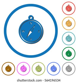 Compass flat color vector icons with shadows in round outlines on white background