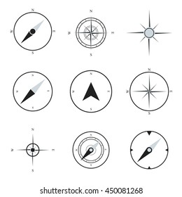 Compass flat icons collection. Navigation icons set. Compass art. Compass image. Compass set. Vector compasses. Compass icon design. Compass icon shape. Compass icon sign. 