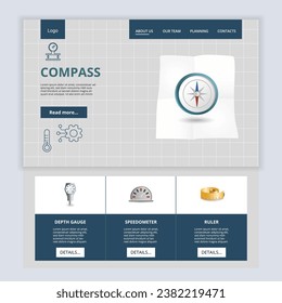Plantilla del sitio web de la página de aterrizaje plana de brújula. Medidor de profundidad, velocímetro, regla. Banner web con encabezado, contenido y pie de página. Ilustración vectorial.