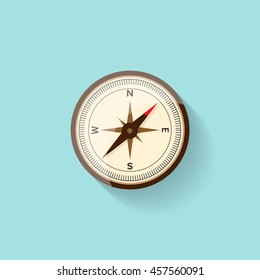 Compass in a flat style. Travel,hiking, camping or tourism. Navigation, route planning. Way finder. Vector illustration.