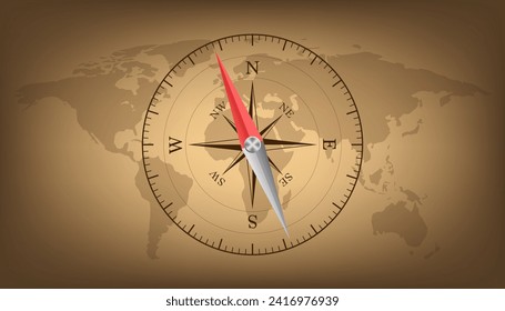 Compas. Symbole de navigation vectorielle à plat. Vieille carte avec boussole nautique rétro sur texture vieux papier. Voyage, tourisme, recherche dans le monde entier. Illustration vectorielle