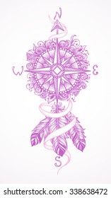 Compass with floral ornaments with ribbon and feathers as a sketch for tattoo