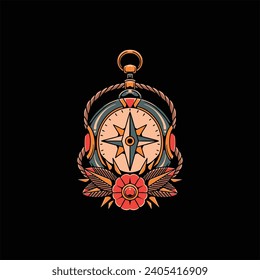 diseño vectorial de tatuaje de flores de brújula
