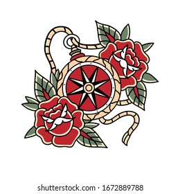 Compass and flowers, old school tattoo style