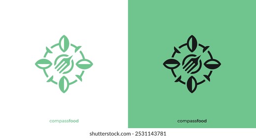 Logotipo da Compass Food. Folhas abstratas como sinais de direção e garfos como ponteiros com estilo minimalista. Eco Food Logo, Ícone, Símbolo, Vetor, Inspiração Design.