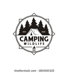 Compass and forest camping logo emblem summer camping vector illustration with tent and pine trees silhouette