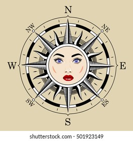 Compass in the form of the sun with the face of a girl. The style of engraving.
