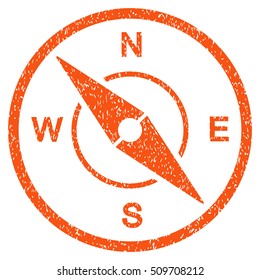 Compass grainy textured icon for overlay watermark stamps. Flat symbol with dirty texture. Dotted vector orange ink rubber seal stamp with grunge design on a white background.