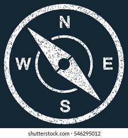 Compass grainy textured icon for overlay watermark stamps. Flat symbol with dust texture. Dotted vector white ink rubber seal stamp with grunge design on a dark blue background.