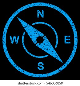 Compass grainy textured icon for overlay watermark stamps. Flat symbol with dust texture. Dotted vector blue ink rubber seal stamp with grunge design on a black background.