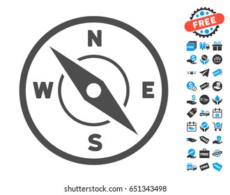 Compass gray icon with free bonus pictograph collection. Vector illustration style is flat iconic symbols.