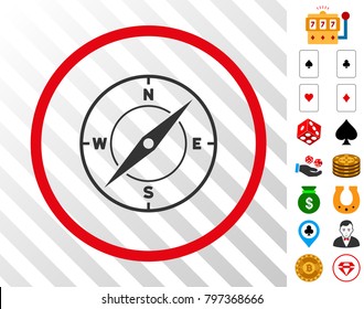Compass gray pictograph inside red round frame with bonus casino icons. Vector illustration style is flat iconic symbols. Designed for gambling software.