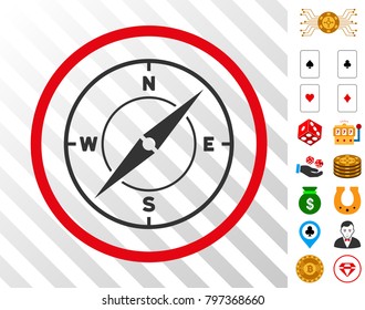 Compass grey icon inside red round frame with bonus casino icons. Vector illustration style is flat iconic symbols. Designed for gambling websites.