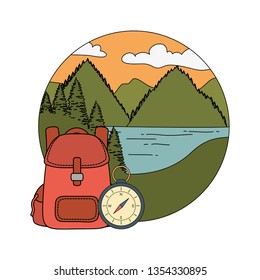 compass guide with pines forest and travelbag