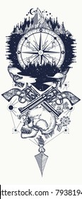 Compass And Guns Tattoo And T-shirt Design. Wild West Art 