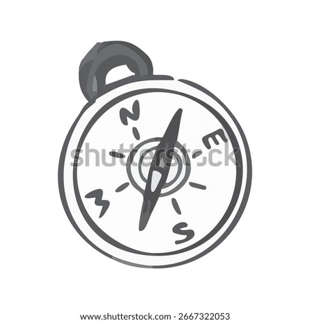 Compass hand Drawn ink. Four cardinal Directions pointer. Black-white sketch. Wayfinder, Orientation device. Hiking item for tourist maps, search. Travel and Navigation. Isolated. Vector illustration
