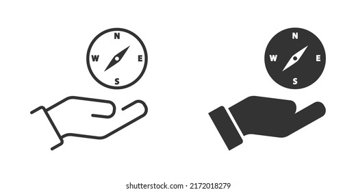 Compass in hand icon. Hand holding compass icon. Vector illustration.