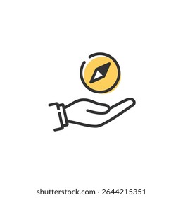 Brújula en el icono de la mano que representa la dirección del negocio y la orientación profesional (arte de línea)