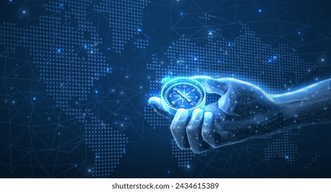 Brújula en mano y mapa. Estrategia de negocio global, Crisis de visión, Ruta de la misión, Transformación digital global, Navegación mundial, Decisión de mercado, Estrategia de logros, concepto de stock financiero