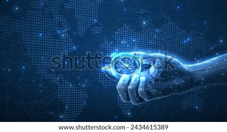 Compass in hand and map. Global business strategy, Vision crisis, Mission path, Global digital transformation, World navigation, Market decision, Achievement strategy, financial stock concept