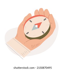 Compass in hand. Searching way, navigating concept. Flat vector cartoon style illustration