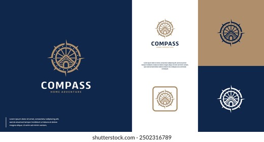 compass and house minimalist logo, directions logo, property map, logo vector template.