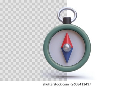 Compass Icon in 3D Cartoon Style with Red and Blue Arrow, Symbol of Navigation, Travel, and Direction. Minimalist Realistic Render on Transparent Background. Vector Illustration.